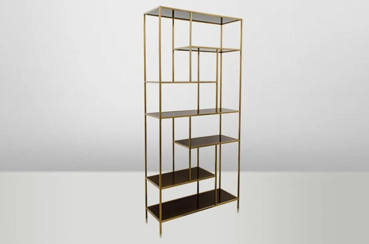 Art Deco luxury shelf cabinet stainless steel gold with tinted glass shelves H210 x 98 x 35 cm - bookcase shelf cabinet - Art Nouveau furniture
