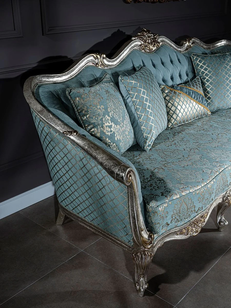 Luxury baroque sofa light blue / silver / gold 238 x 85 x H. 106 cm - living room sofa with elegant pattern and decorative pillows - baroque living room furniture