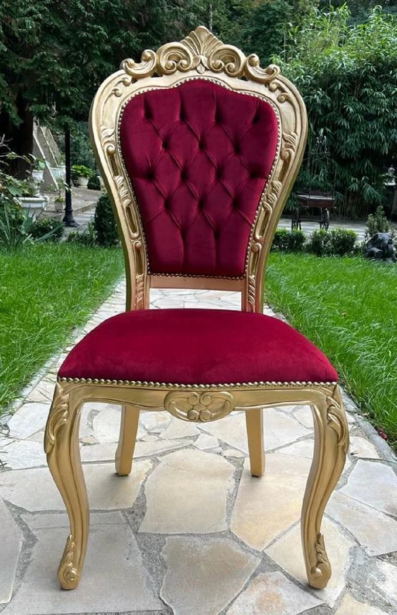 Luxury baroque dining room chair burgundy red / gold - handmade antique style chair with elegant velvet fabric - magnificent dining room furniture in baroque style
