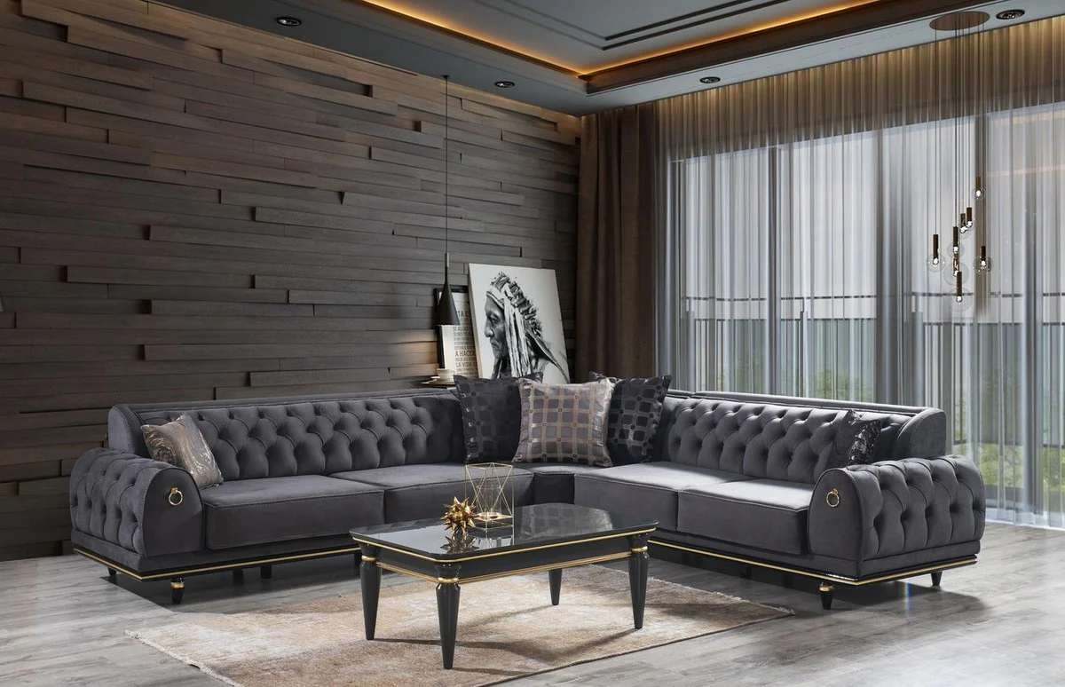 Luxus Art Deco Chesterfield Wohnzimmer Set Grau / Schwarz / Gold - 1 Ecksofa mit Kissen & 1 Couchtisch - Edle Wohnzimmer Möbel - Luxus Qualität