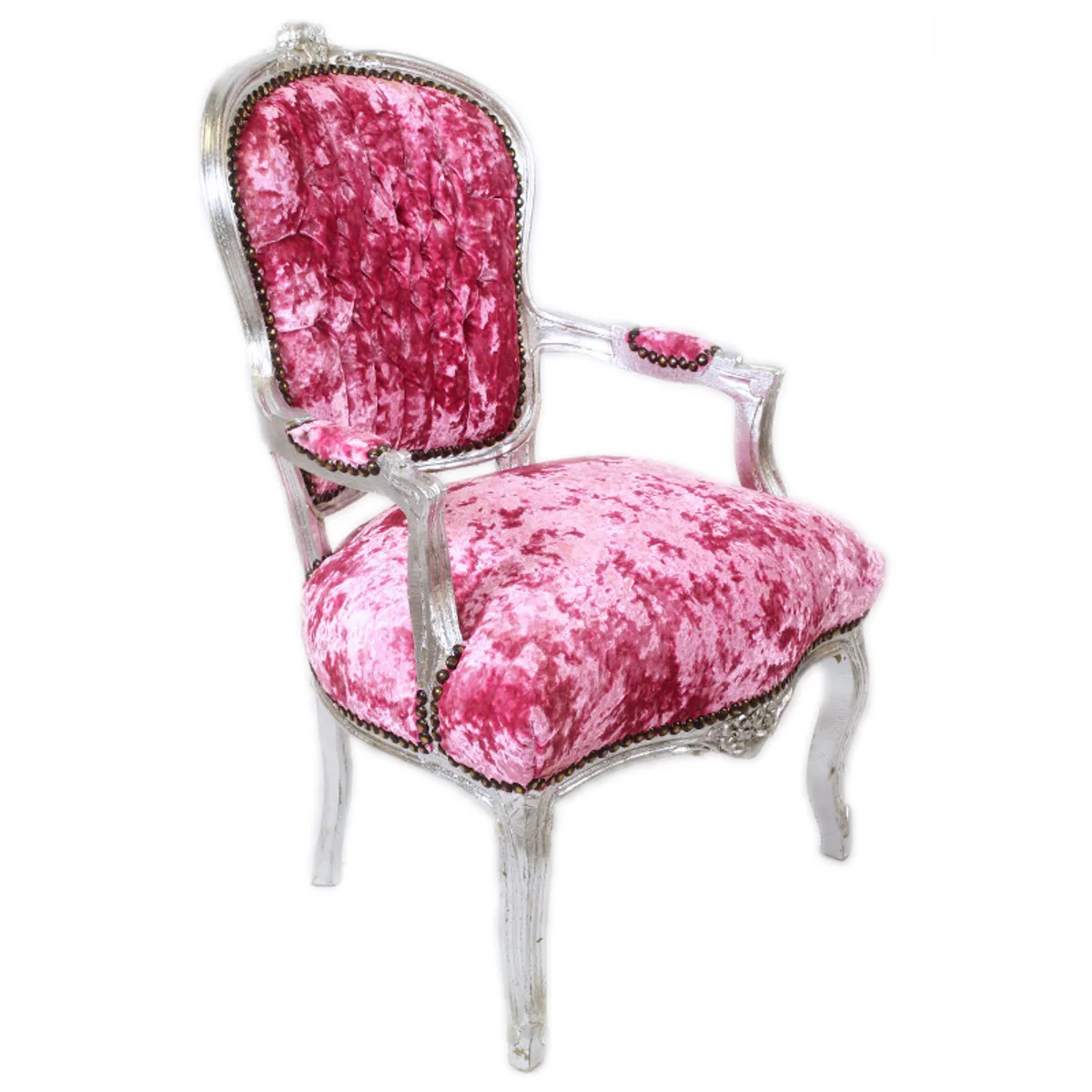 Baroque Salon Chair Pink Velor Fabric / Silver - Antique Design Furniture