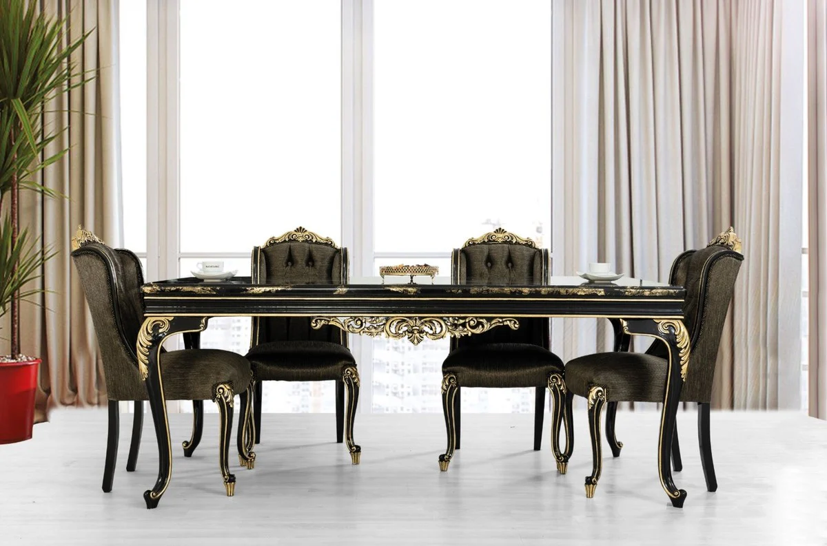 Luxury Baroque Dining Room Set Black / Gold - 1 Dining Room Table & 6 Dining Chairs - Noble Baroque Dining Room Furniture - Noble & Magnificent