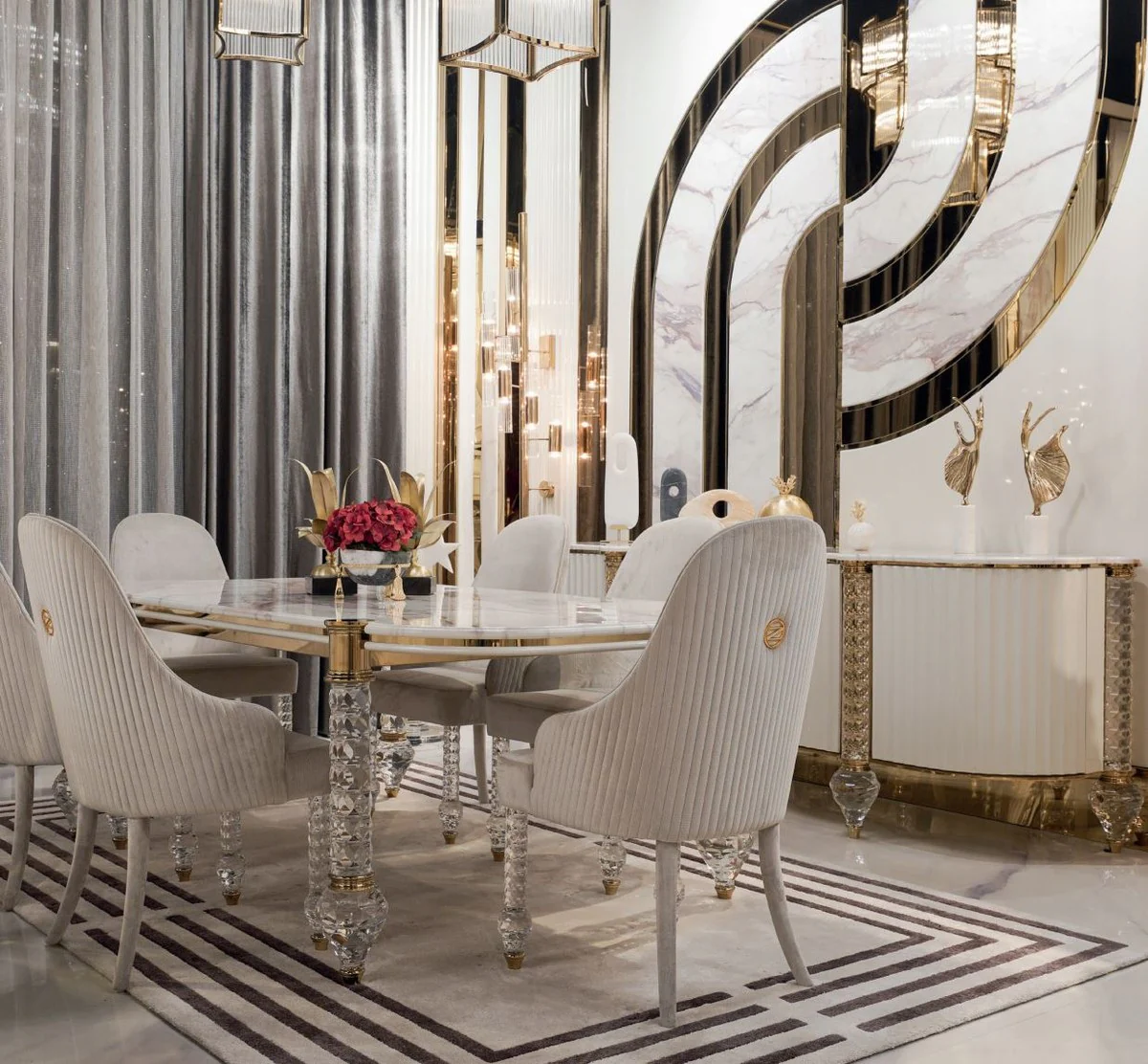 Luxury Art Deco Dining Room Set White / Gray / Gold - 1 Art Deco Dining Table with Faux Marble Table Top & 6 Art Deco Dining Room Chairs - Art Deco Dining Room Furniture - Luxury Quality