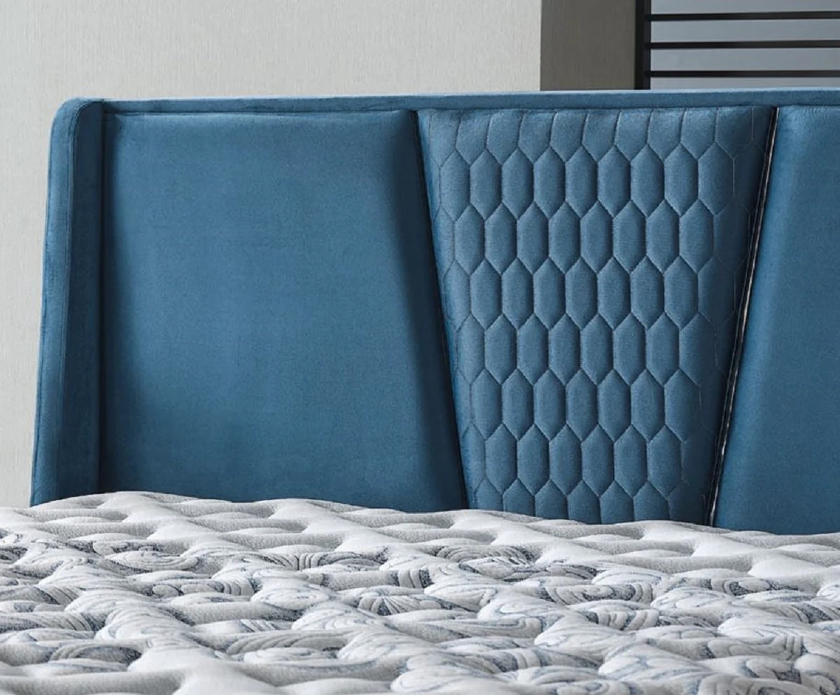 Luxury double bed blue / white / silver 180 x 200 cm - solid wood bed with headboard and mattress - bedroom furniture - hotel furniture - luxury furniture - luxury furnishings