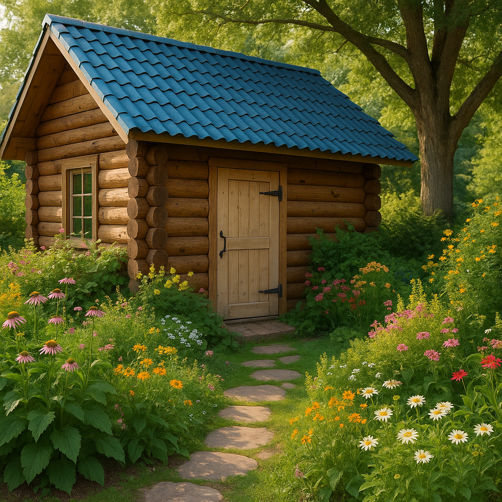 Gartenhaus aus Massivholz, natur und blau, für den Außenbereich, 250 × 220 × 260 cm