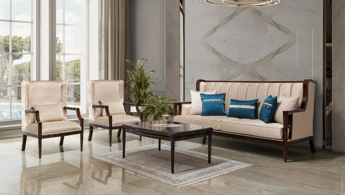 Luxury Baroque Style Living Room Furniture Set Beige/Blue/Dark Brown