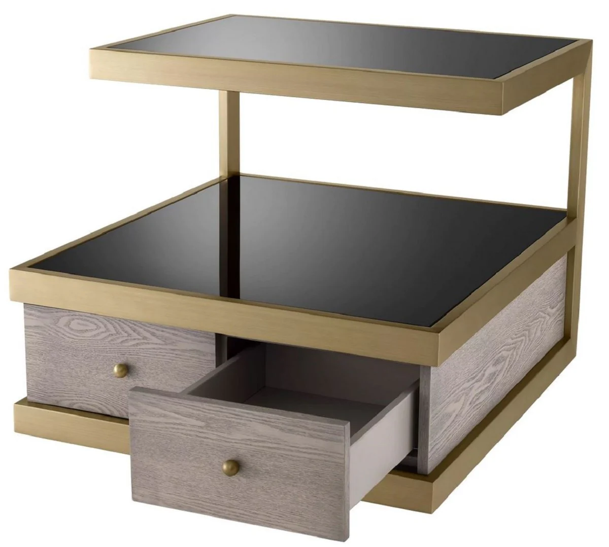 Luxury side table brass / gray / black 70 x 75 x H. 58 cm - Living room side table with 2 drawers and 2 glass plates - Living room furniture - Luxury furniture - Luxury furnishings