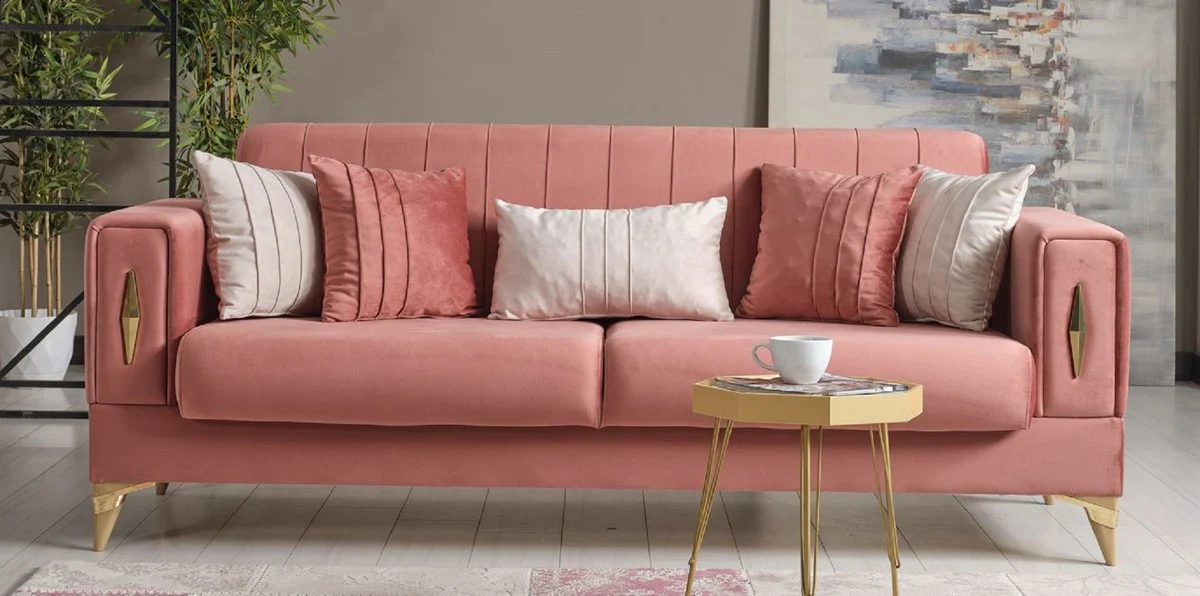 Luxury sofa bed pink / gold 222 x 93 x H. 87 cm - Living room sofa with 5 cushions - Luxury living room furniture
