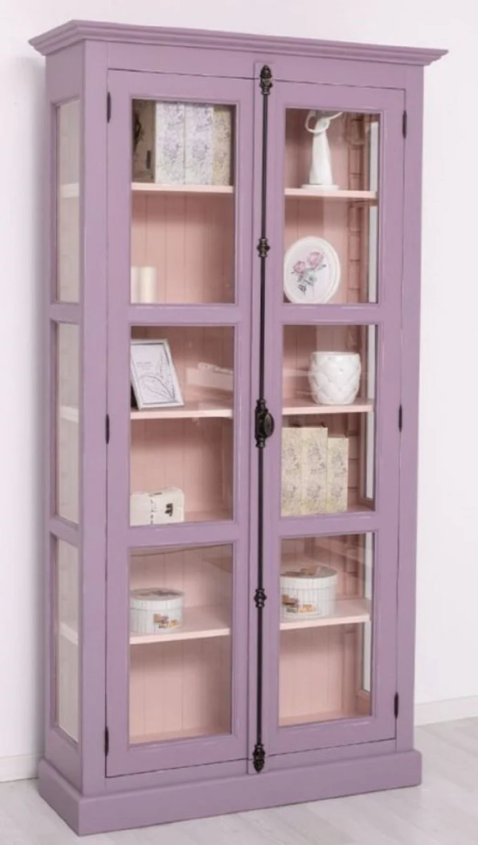 Country house style display cabinet purple / pink 109 x 40 x H. 210 cm - solid wood display cabinet with 2 glass doors - solid wood cabinet - solid wood furniture - country house style furniture