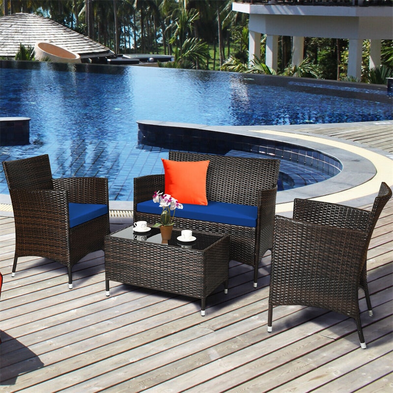 4 Pcs Outdoor Rattan Patio Conversation Set Wicker Furniture Set with Coffee Table and Cushion Sofas