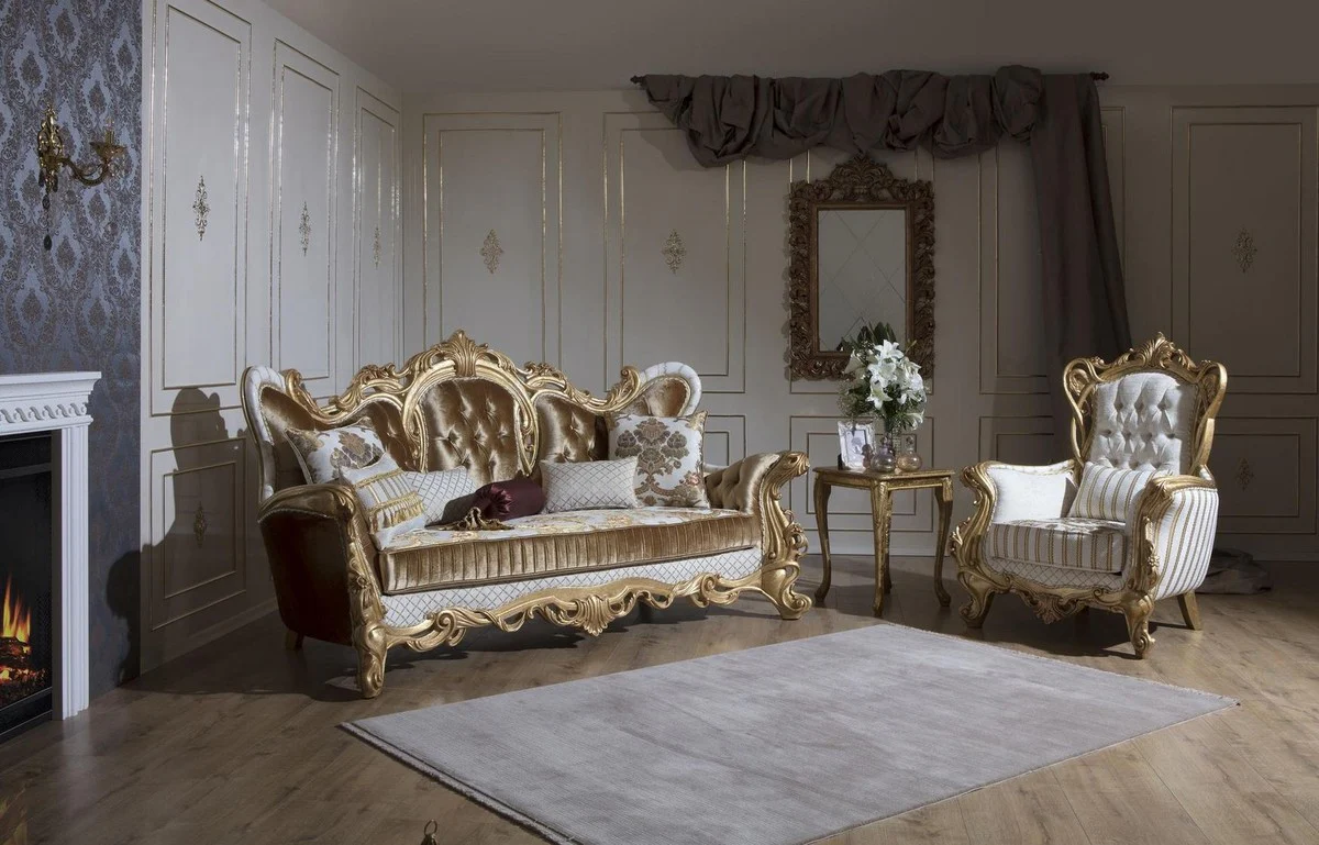 Luxury Baroque Living Room Set Gold / White / Gray / Gold - 2 Sofas & 2 Armchairs & 1 Coffee Table - Baroque Living Room Furniture - Noble & Magnificent