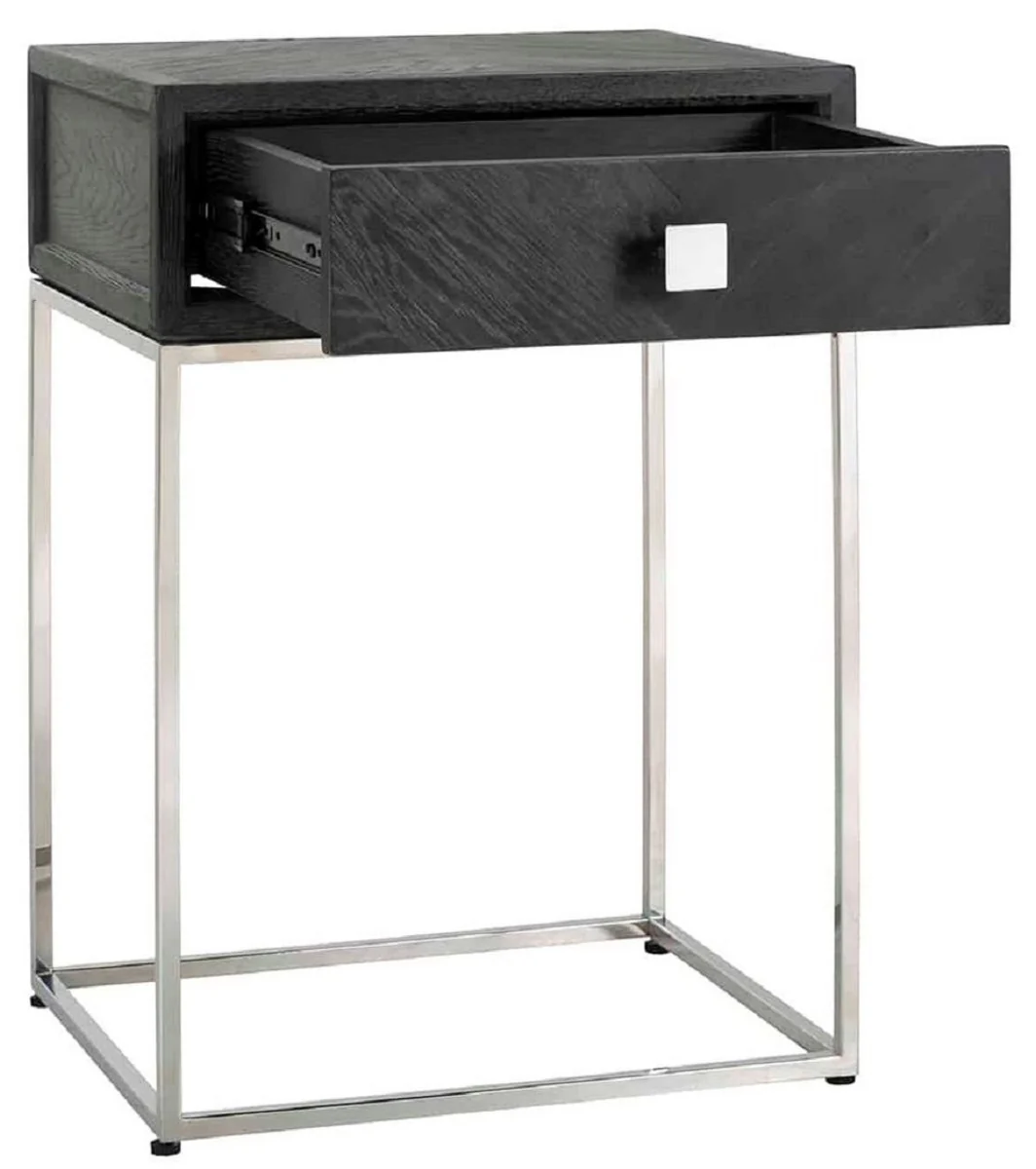 Luxury side table black / silver 50 x 40 x H. 71 cm - solid wood bedside table with drawer and stainless steel frame - luxury bedroom furniture