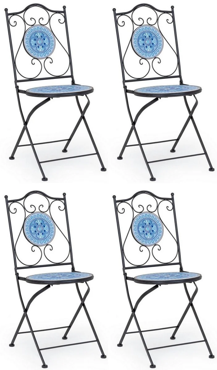 Art Nouveau garden chair set of 4 black / blue / white 39 x 47 x H. 92 cm - folding chairs with ceramic plates - nostalgic garden & catering furniture