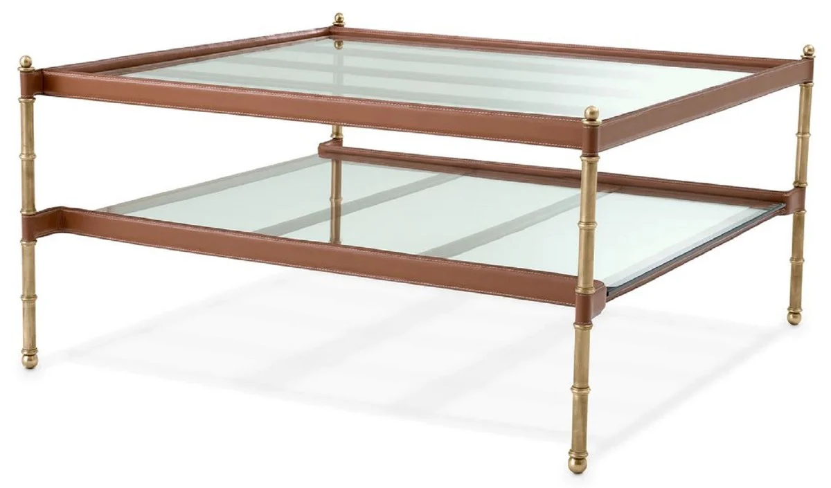 Luxury coffee table vintage brass / brown 89 x 87.5 x H. 44 cm - Living room table with glass tops and real leather - Living room furniture - Hotel furniture - Luxury furniture - Luxury furnishings