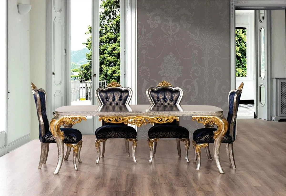 Luxury Baroque dining table silver / gold - Handcrafted solid wood dining room table in Baroque style - Magnificent Baroque dining room furniture