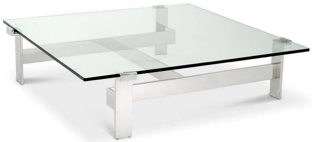 Luxury coffee table silver 120 x 120 x H. 30 cm - Square stainless steel living room table with glass top - Living room furniture - Luxury quality