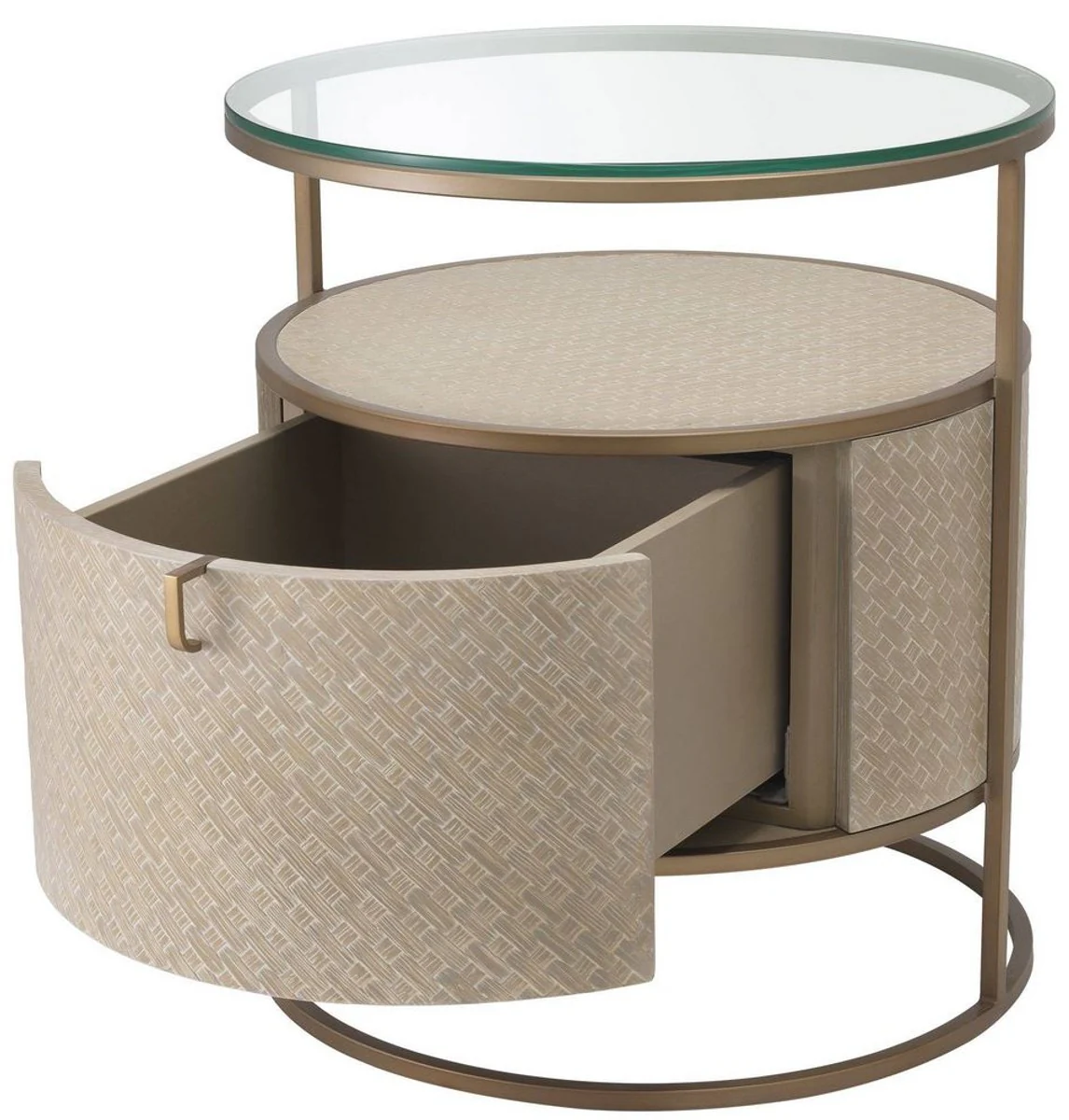Luxury bedside table beige / brass Ø 50 x H. 56 cm - Round side table with drawer and glass top - Luxury bedroom furniture