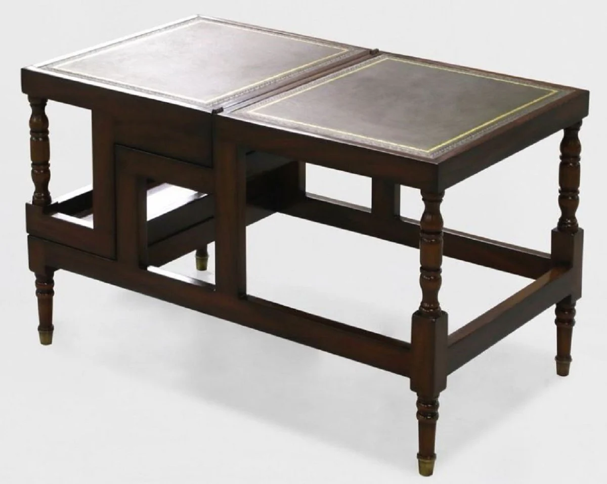 Luxury Art Nouveau coffee table dark brown / green / gold - fold-out solid wood library stairs with real leather - Art Nouveau living room furniture - noble & magnificent