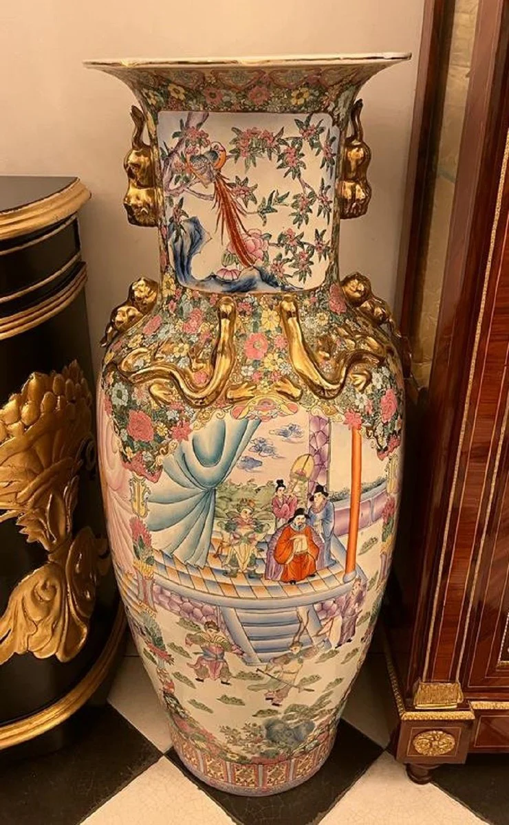 Luxus Barock Deko Vase Weiß / Mehrfarbig / Gold Ø 43 x H. 124 cm - Antike Chinesische Porzellan Vase - Chinesische Luxus Barock Deko Accessoires