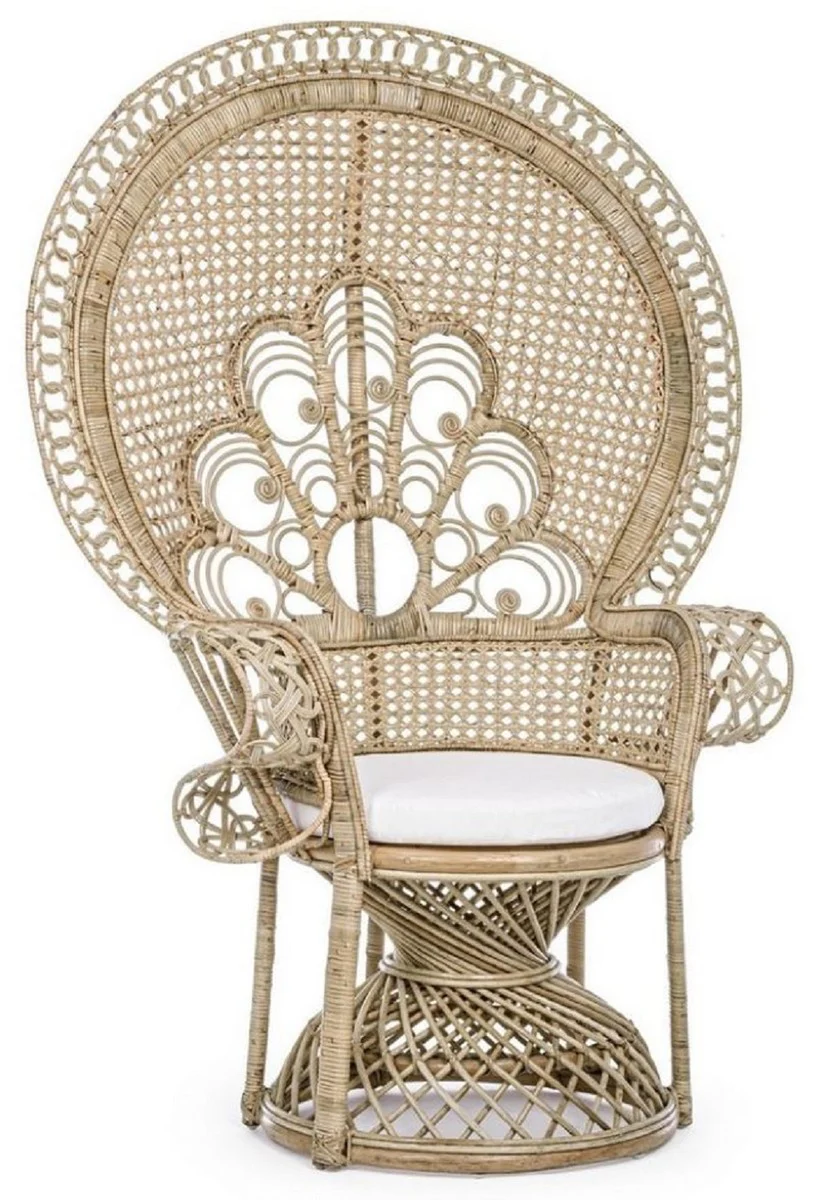 Luxus Garten Sessel Naturfarben / Weiß 106 x 71 x H. 148 cm - Vintage Stil Rattan Sessel mit Sitzkissen - Vintage Stil Rattan Möbel - Garten & Terrassen Möbel