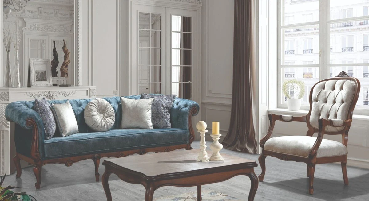 Luxus Barock Wohnzimmer Set Blau / Grau / Braun - 2 Sofas & 2 Sessel & 1 Couchtisch - Wohnzimmer Möbel im Barockstil - Edel & Prunkvoll