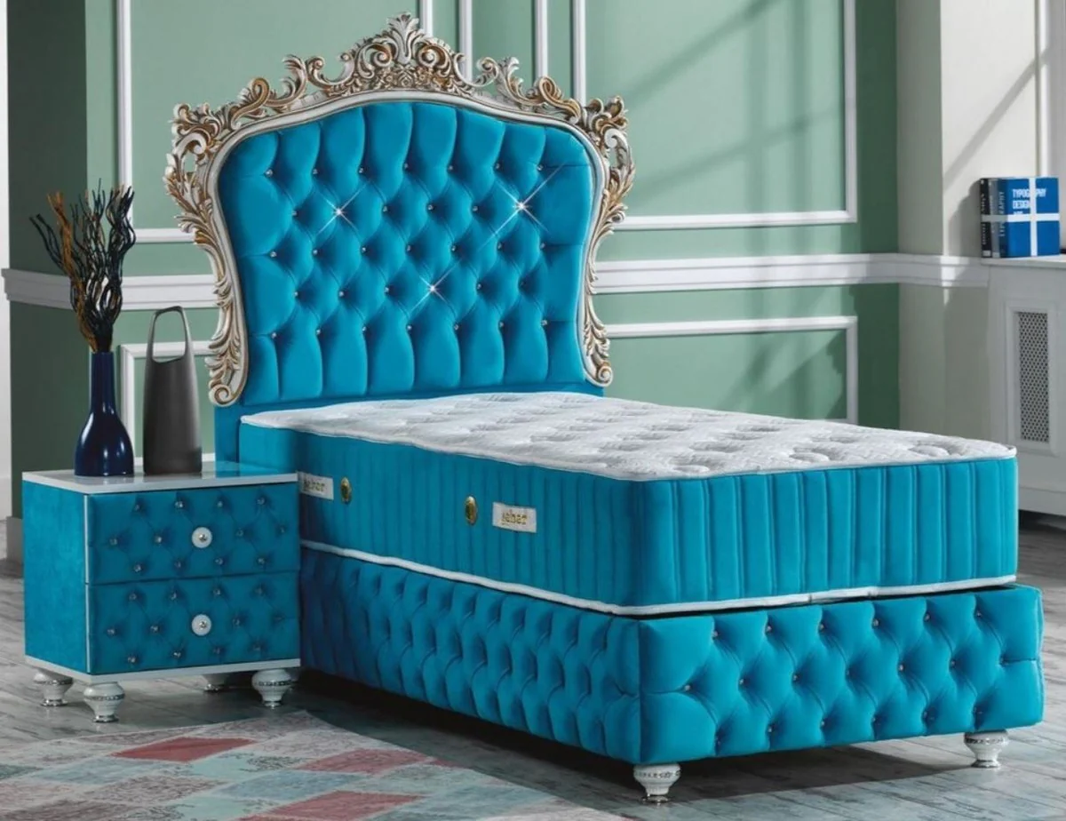 Baroque bedroom set turquoise / white / silver / antique gold - magnificent single bed with bedside table - bedroom furniture in the baroque style