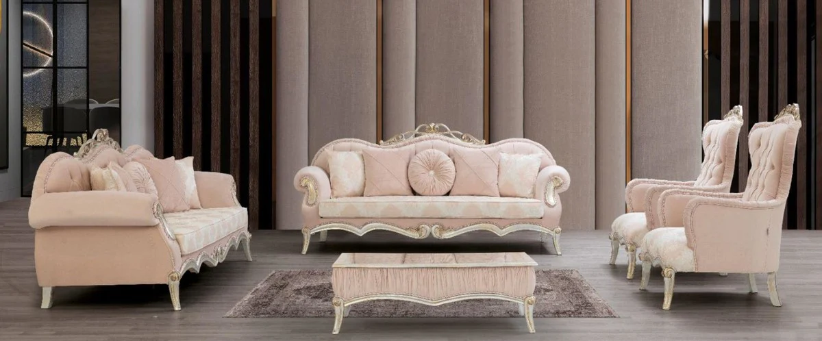 Luxury baroque living room set pink / silver / gold - 2 sofas with cushions & 2 armchairs & 1 coffee table - living room furniture in baroque style - noble baroque furniture