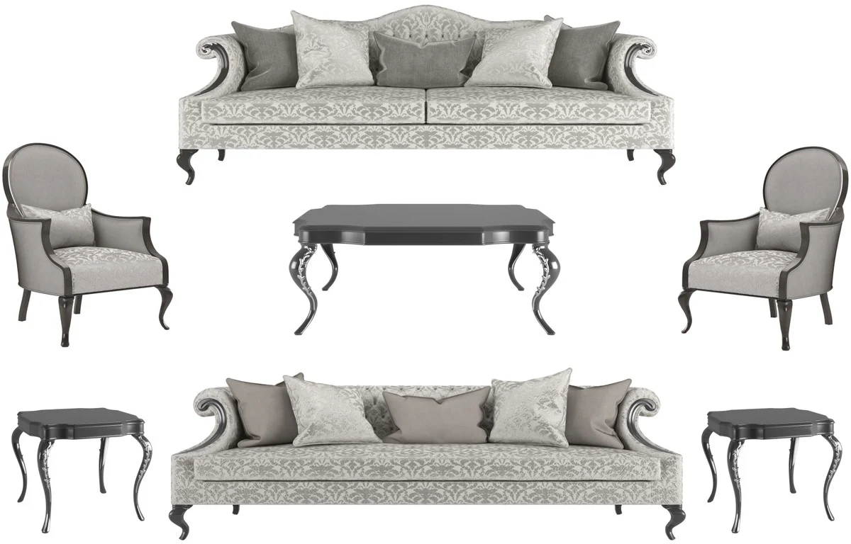 Luxus Barock Wohnzimmer Set Silber / Grau / Schwarz - 2 Sofas & 2 Sessel & 1 Couchtisch & 2 Beistelltische - Wohnzimmermöbel im Barockstil - Edle Barock Möbel