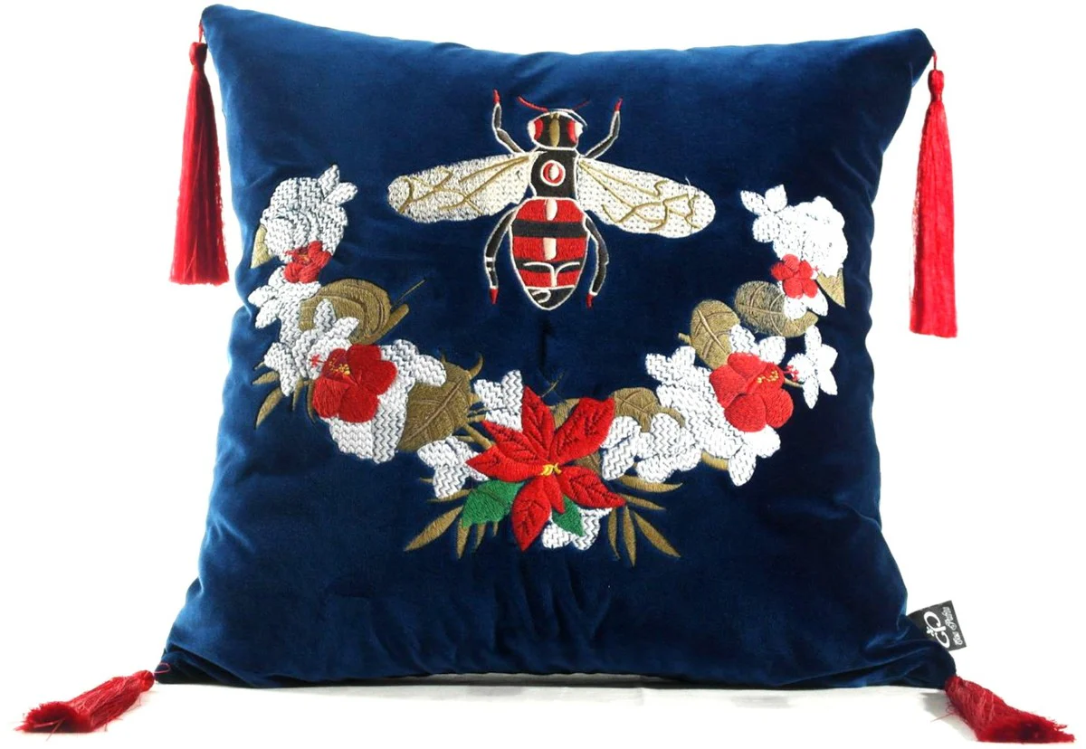 Luxus Deko Kissen mit Troddeln Bee Blau / Mehrfarbig 45 x 45 cm - Feinster Samtstoff - Luxus Deko Accessoires