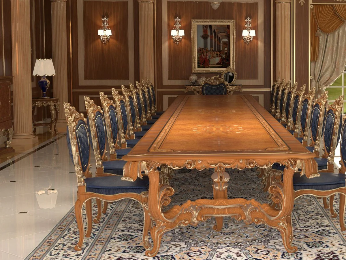 Luxury Baroque Dining Room Chair Set Dark Blue / Brown / Gold 57 x 62 x H. 105 cm - Magnificent Kitchen Chairs Set of 4 - Hotel Restaurant Castle Furniture - Luxury Quality - Made in Italy