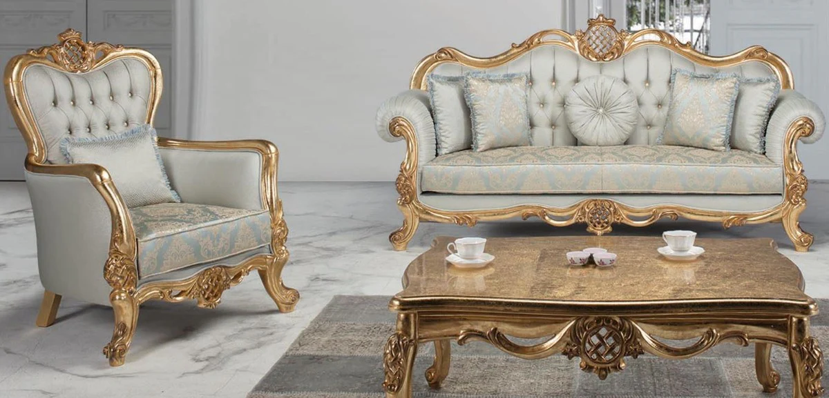 Luxus Barock Wohnzimmer Set Hellblau / Türkis / Gold - 2 Sofas & 2 Sessel & 1 Couchtisch - Wohnzimmer Möbel im Barockstil - Edel & Prunkvoll