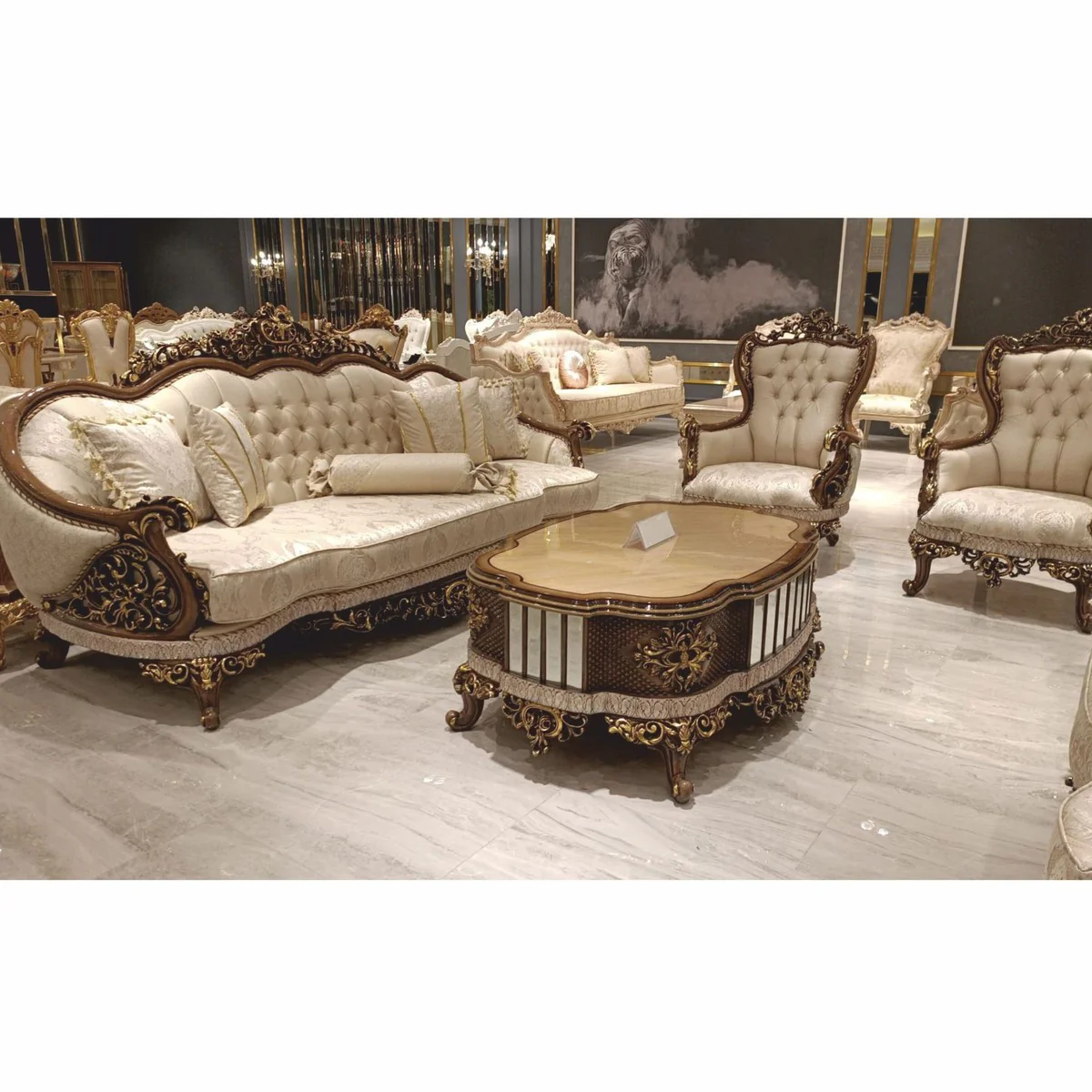 Luxury Baroque Sofa Beige / Brown / Gold H. 234 cm - Baroque Living Room Furniture