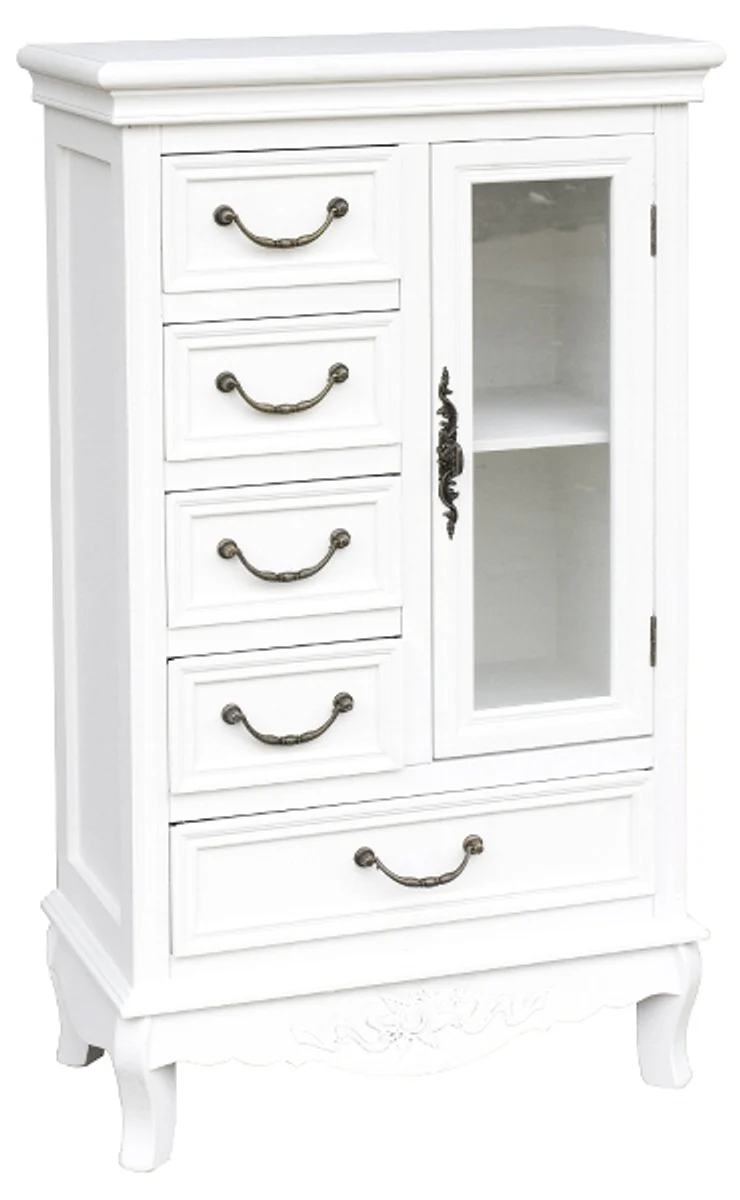 Country house style cupboard with door and 5 drawers white 50 x 30 x H. 92 cm - Handcrafted small living room cupboard in country house style
