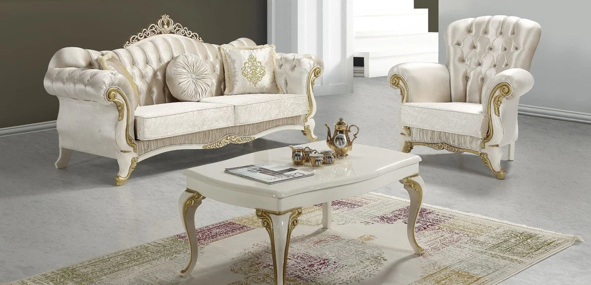 Barock Wohnzimmer Set Champagnerfarben / Creme / Gold - 2 Sofas & 2 Sessel & 1 Couchtisch - Wohnzimmer Möbel - Edel & Prunkvoll