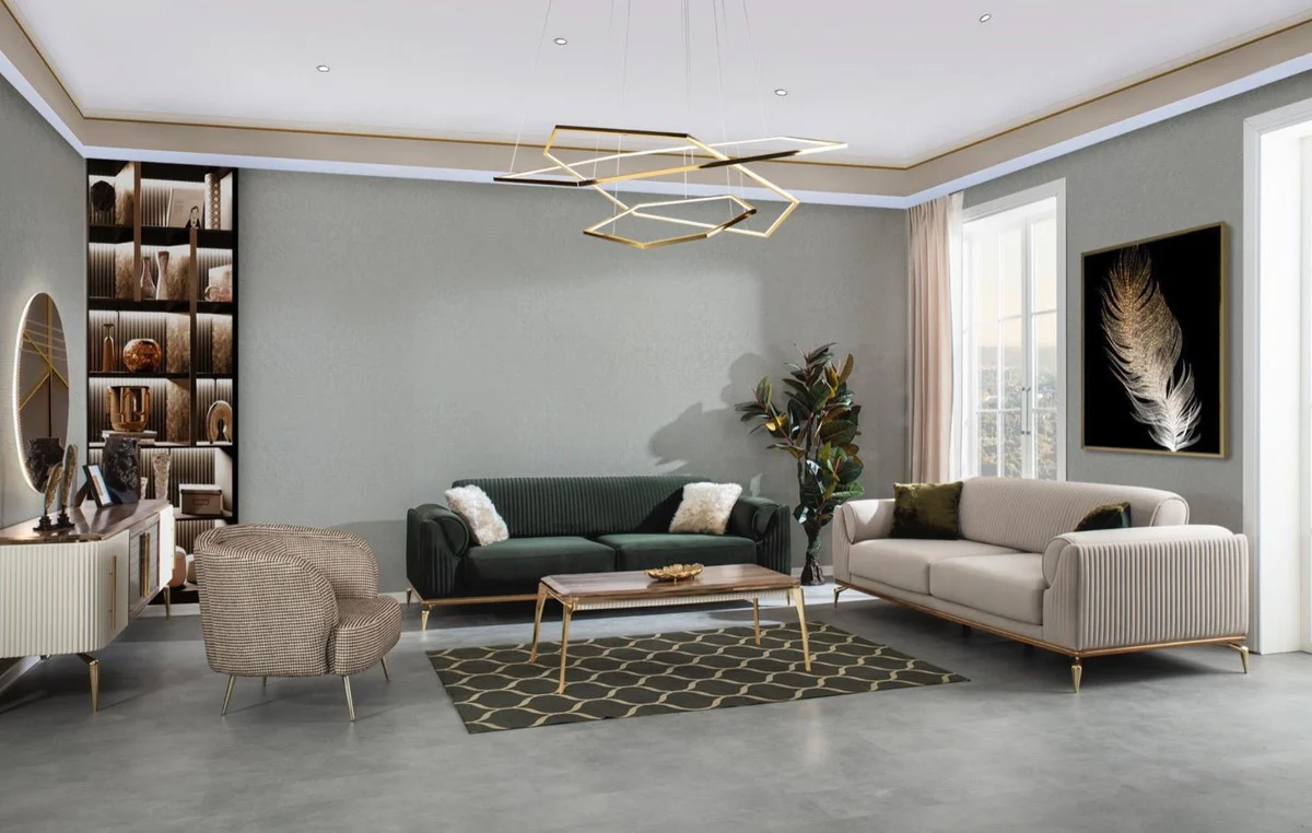 Luxury Art Deco sofa green / brown / gold 230 x 100 x H. 92 cm - Noble living room sofa with decorative pillows - Luxury Art Deco furniture