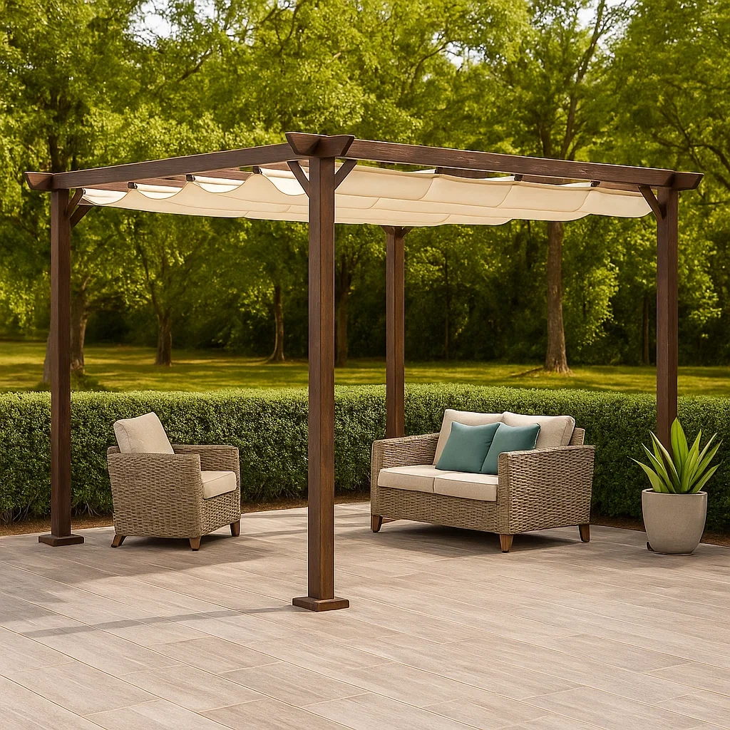 Holzpergola mit ausfahrbarer Markise, braunem Holzrahmen, Stoffdach, freistehend, 3 x 2,5 x 2,6 m, für Terrassen und Gärten - O6bfteeX9Wgc