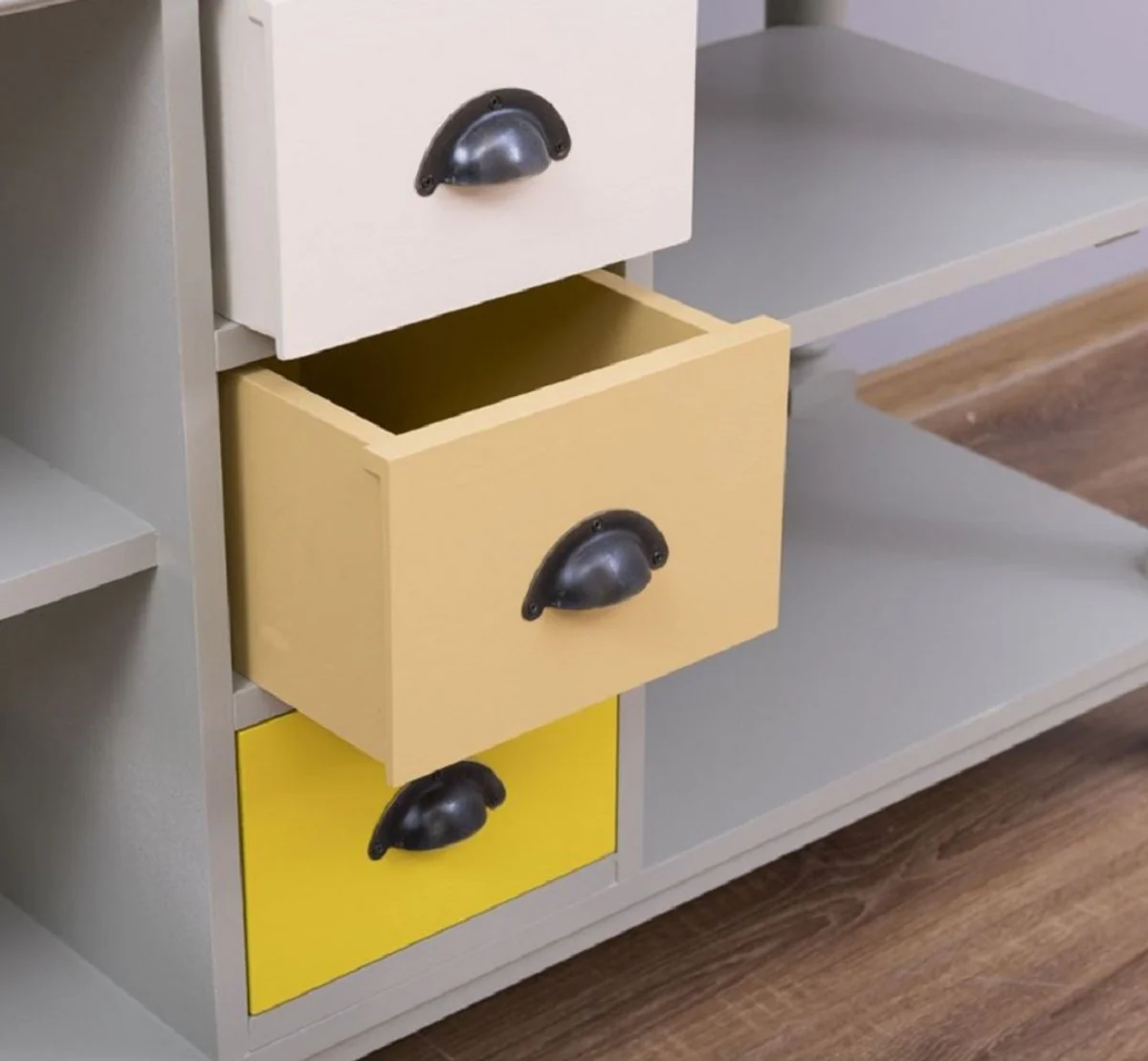 Country house style bathroom set gray / natural / multicolored - 1 double washbasin & 1 wall mirror - solid wood bathroom furniture in country house style