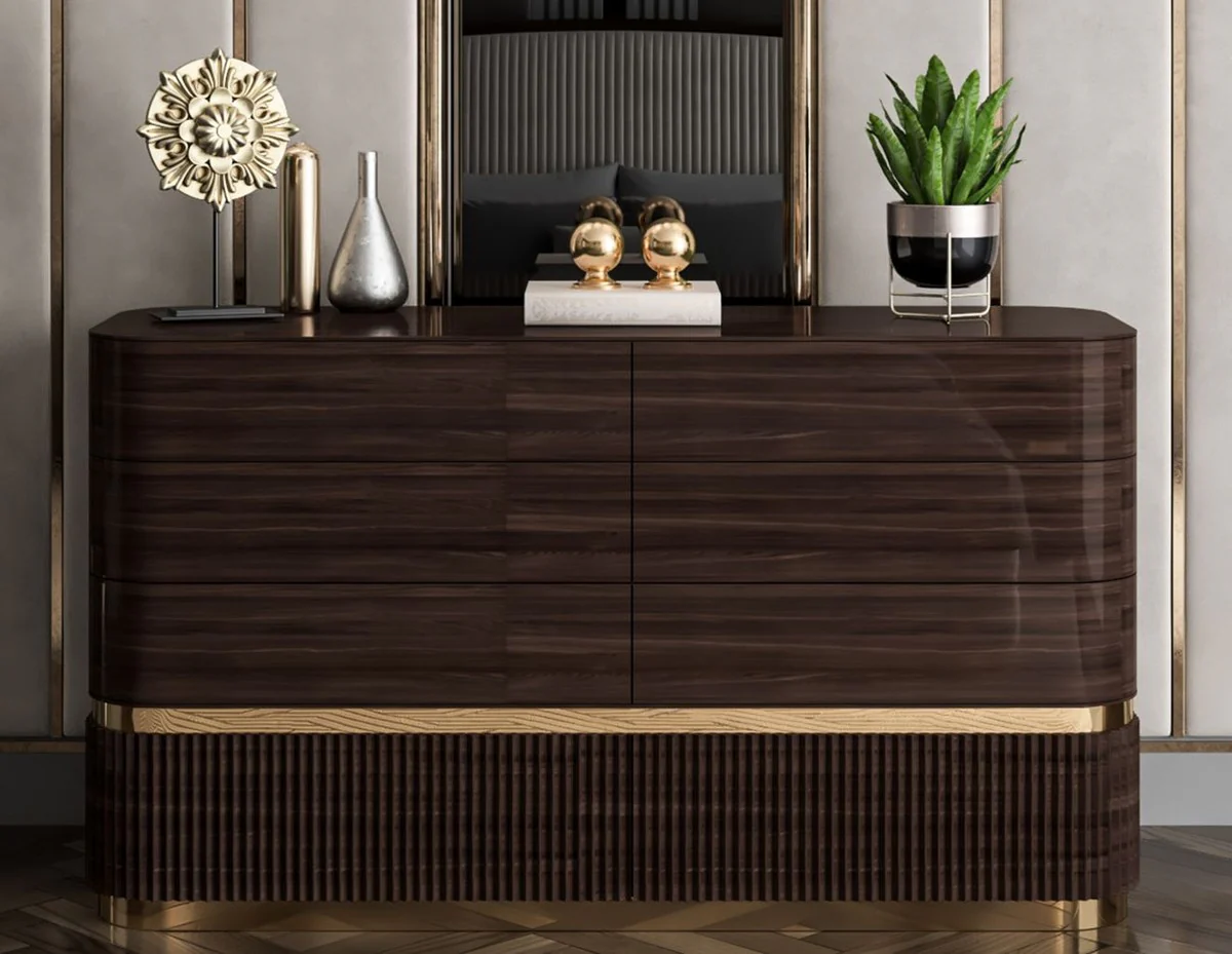 Luxury solid wood chest of drawers with 6 drawers dark brown / gold - bedroom chest of drawers - bedroom furniture - luxury furniture - luxury furnishings - bedroom furnishings