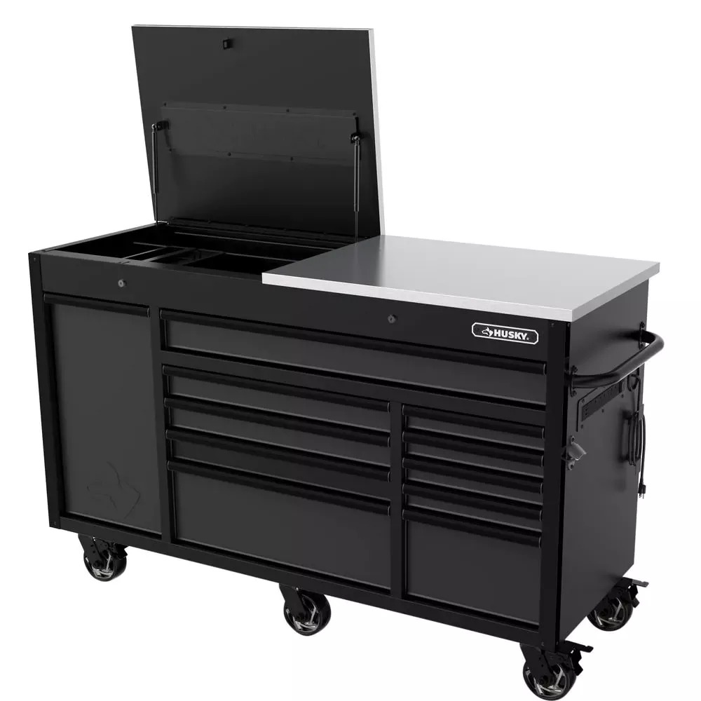 W 11-DRAWER, DEEP TOOL CHEST MOBILE WORKBENCH IN MATTE BLACK MIT FLIP-TOP STAINLESS STEEL TOP