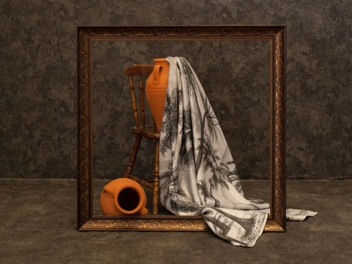 Luxury curtain set palm trees gray / black 250 x H. 290 cm - Printed linen & velvet curtains - Eyelet curtains - Sliding curtains - Luxury decorative accessories