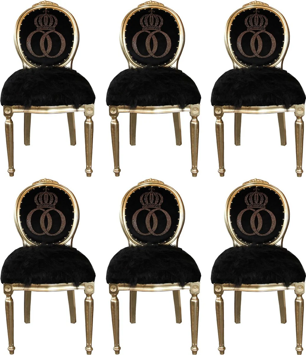 Pompöös by Luxury Baroque Dining Room Chairs Faux Fur Black / Gold Crown with Glitter Stones 50 x 60 x H. 104 cm - Pompöös Baroque Chairs designed by Harald Glööckler - 6 dining room chairs