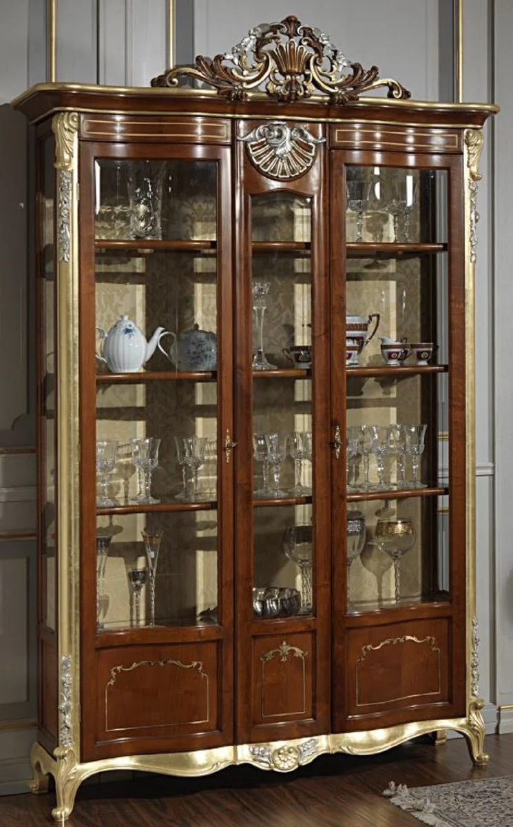 Luxury baroque display cabinet brown / gold / silver - noble solid wood display cabinet with 2 doors - hotel furniture - castle furniture - luxury quality - Made in Italy