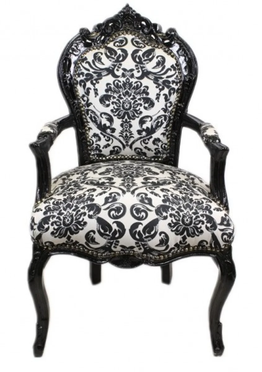 Baroque dining room chair floral pattern black / white with armrests