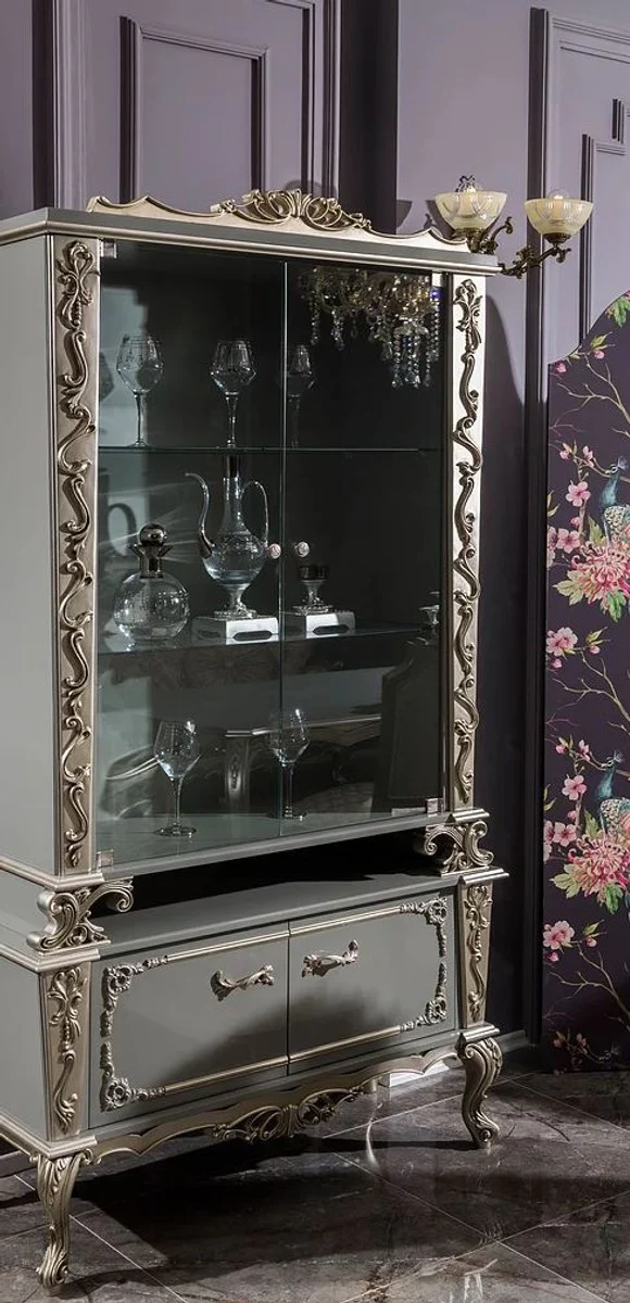 Luxury baroque display cabinet gray / silver 110 x 47 x H. 201 cm - solid wood display cabinet in baroque style - noble and magnificent