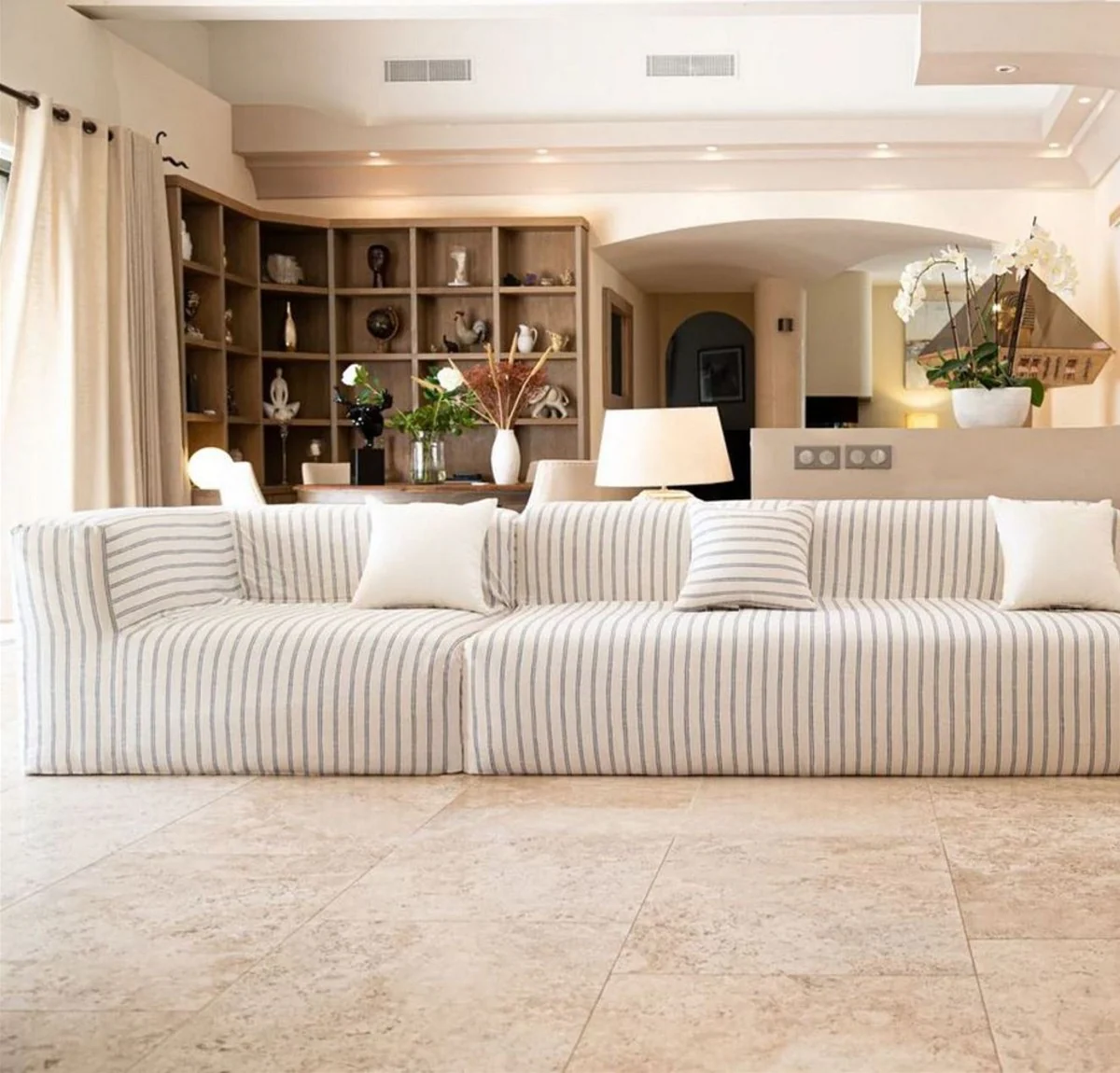 Luxury living room sofa with stripes white / blue 325 cm