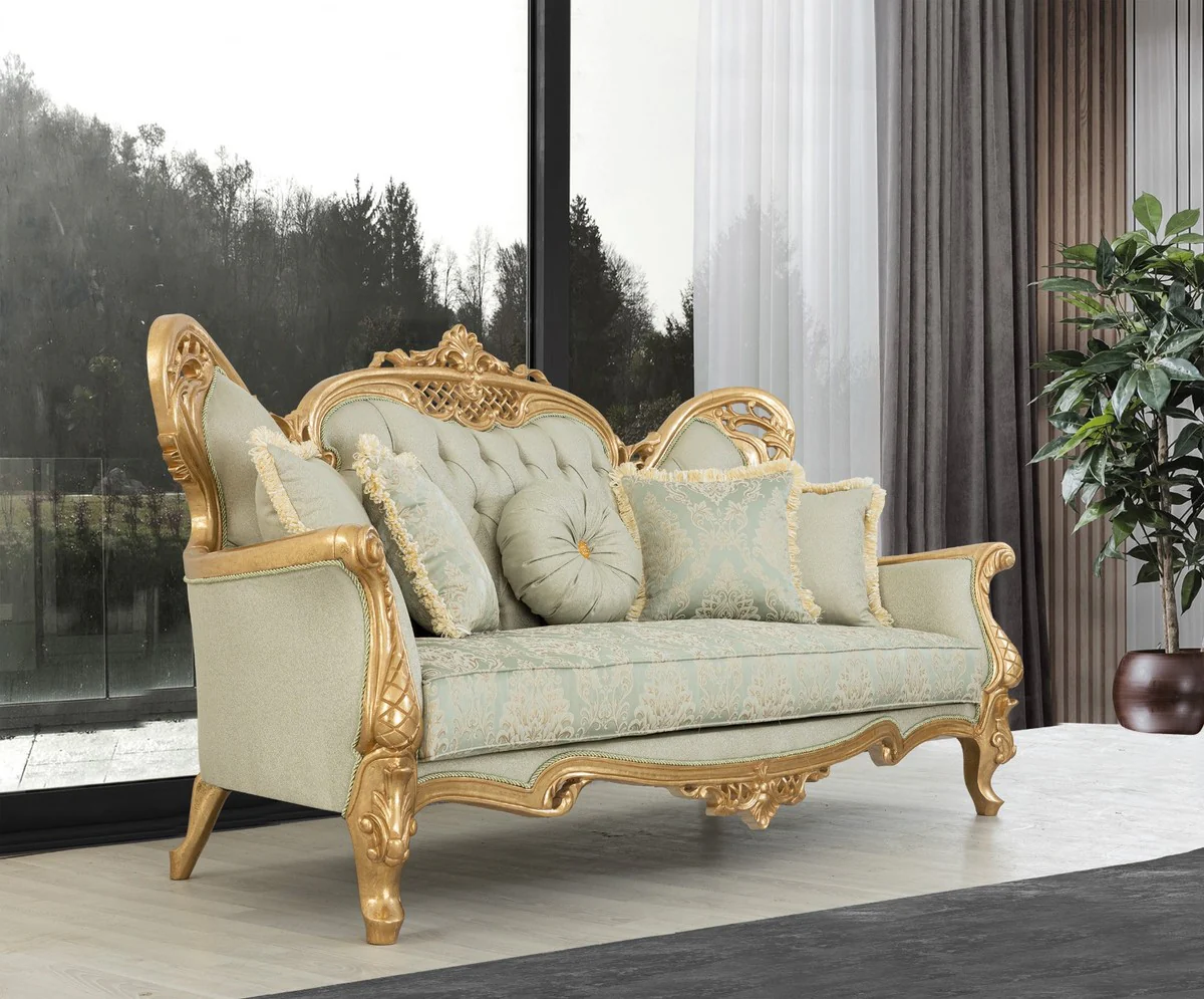 Luxus Barock Wohnzimmer Set Hellgrün / Gold - 2 Sofas & 2 Sessel & 1 Couchtisch - Handgefertigte Barock Wohnzimmer Möbel - Edel & Prunkvoll