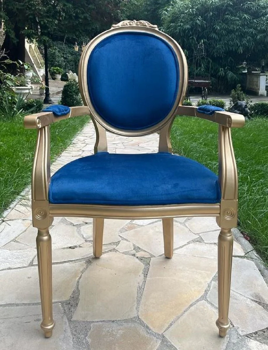 Luxus Barock Esszimmer Stuhl Blau / Gold - Handgefertigter Antik Stil Stuhl mit Armlehnen und edlem Samtstoff - Esszimmer Möbel im Barockstil