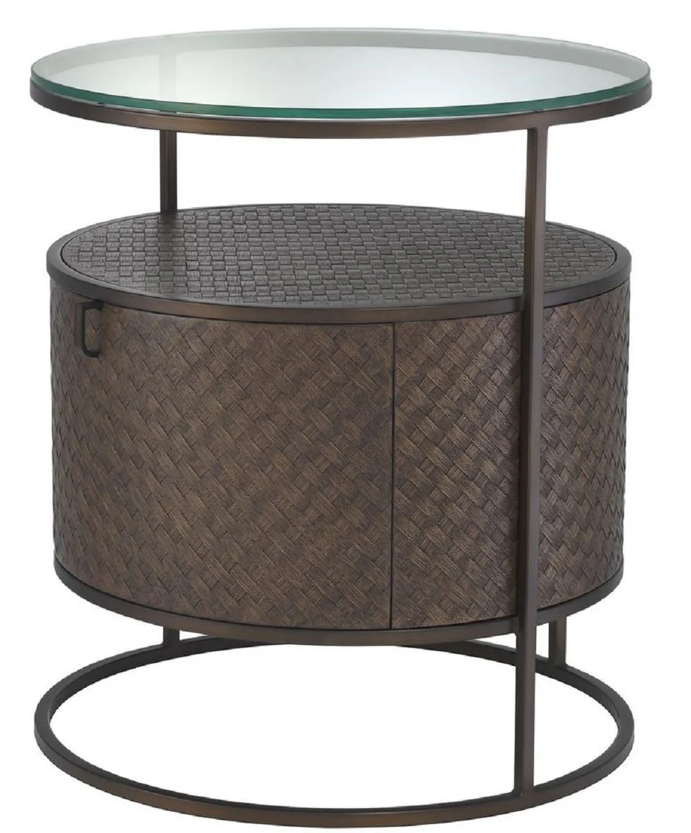 Luxury bedside table bronze Ø 50 x H. 56 cm - Round side table with drawer and glass top - Luxury bedroom furniture