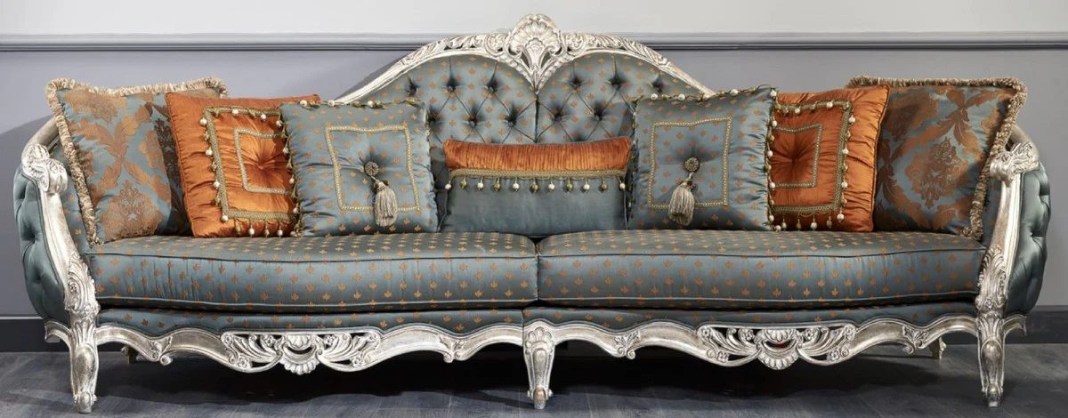 Luxury baroque sofa dark turquoise / gold / silver 310 x 99 x H. 113 cm - Magnificent Chesterfield living room sofa in the baroque style