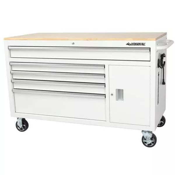 56 IN W 5-DRAWER 1-DOOR, DEEP TOOL CHEST MOBILE WORKBENCH IN GLOSS WHITE MIT HARDWOOD TOP